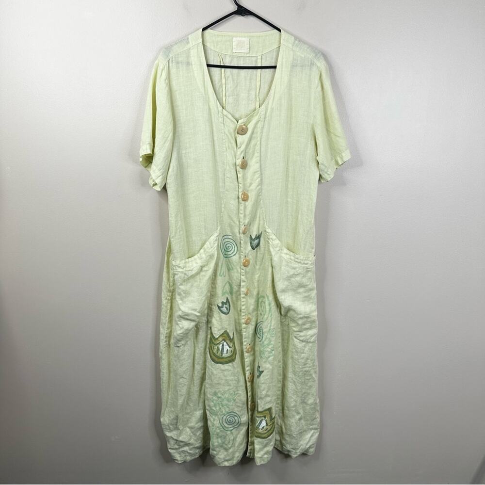 Blue Fish Vintage Midi Dress Womens Size 1 Yellow Linen Hand Painted Artsy 1999